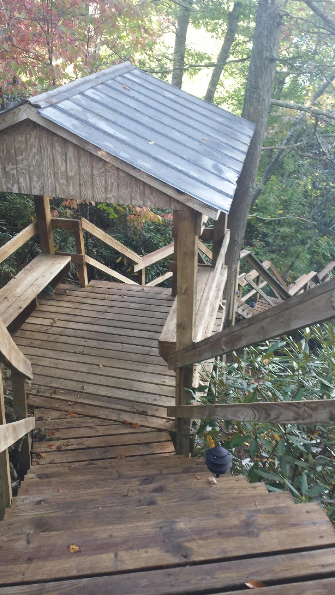Metal roofed shelter over wooden steps on a wooded walkway — Skylight Repair & Installation work by our crew in Marlin